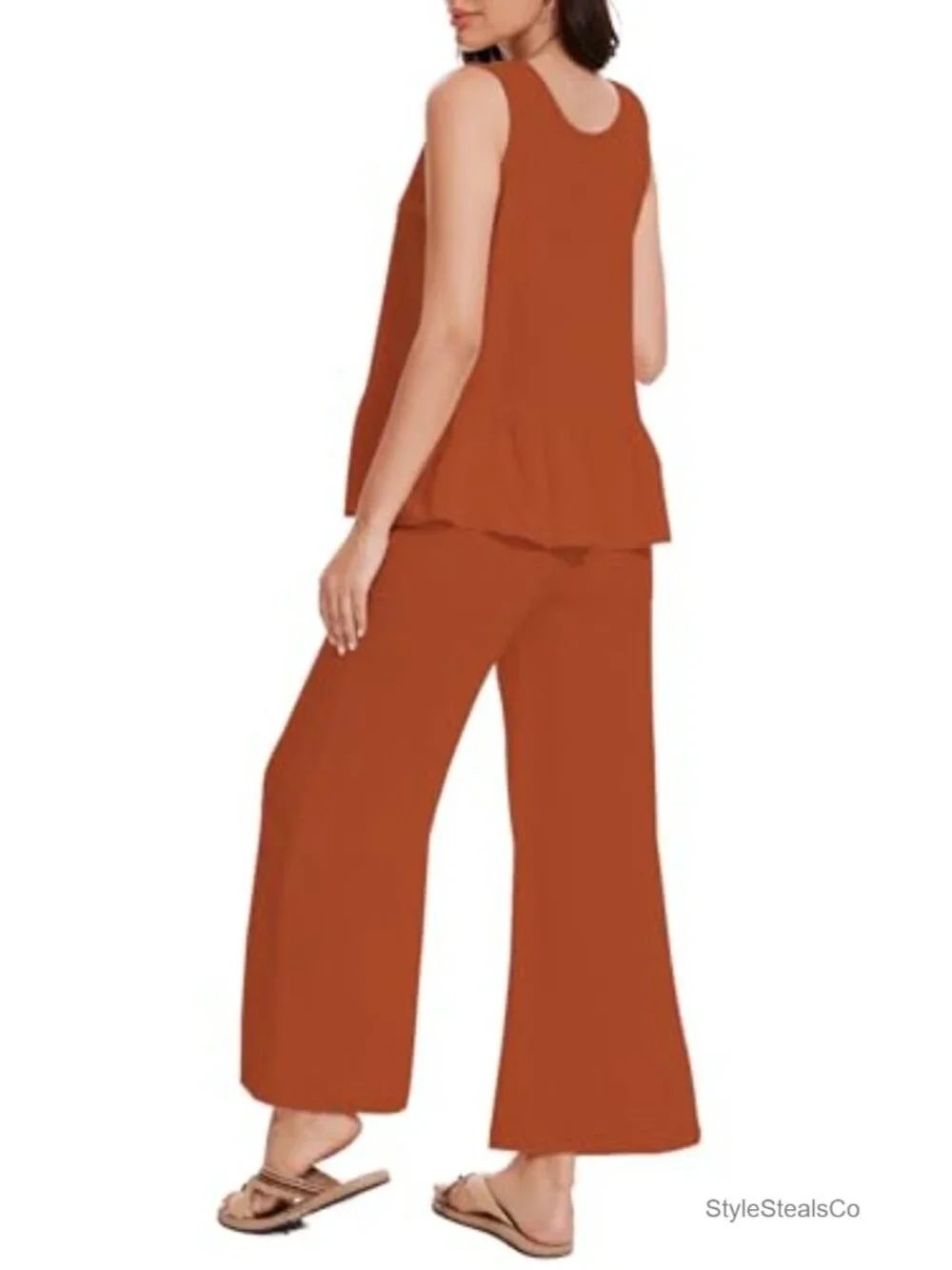 Linen Jumpsuit 2 Piece Outfit Sleeveless Wide Leg Pants Matching Set